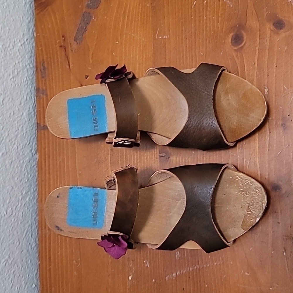 VINTAGE DIESEL WOMEN'S BROWN LEATHER AND WOOD BLOCK HEEL SANDAL SZ 6
